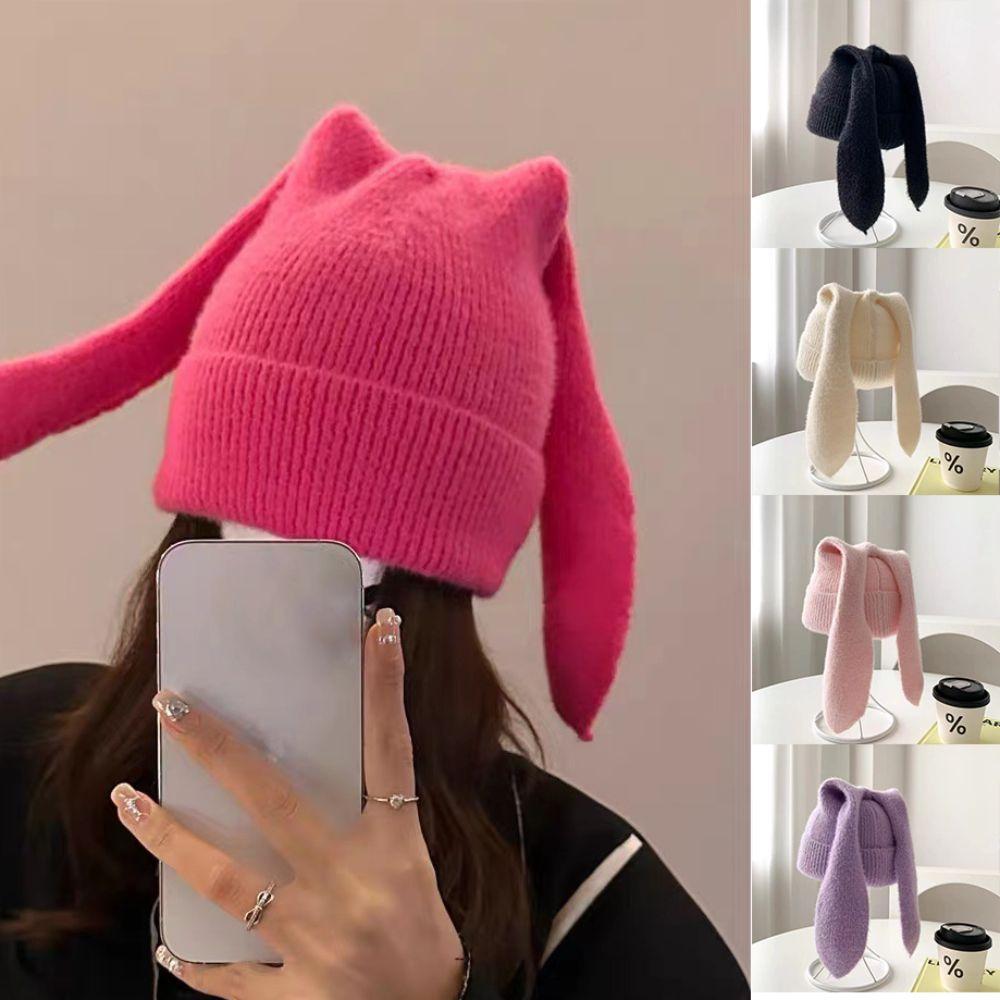 Winter Warm Earflap Hat Long Ears Rabbit Pullover Hat Cute Beanies Caps Women