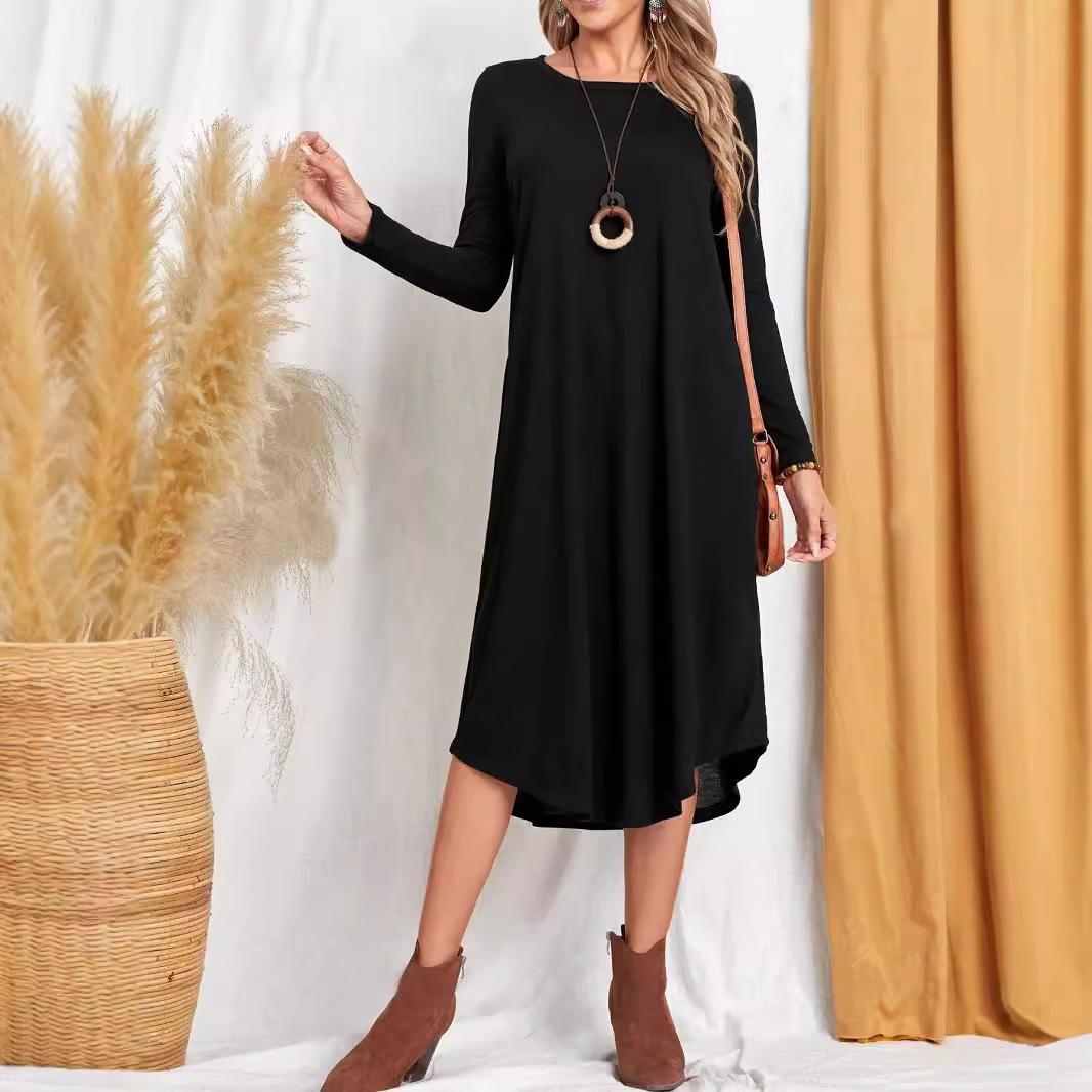 

Women s Long Sleeve Round Neck Mid-length Curved Hem Elegant Dress S чёрный