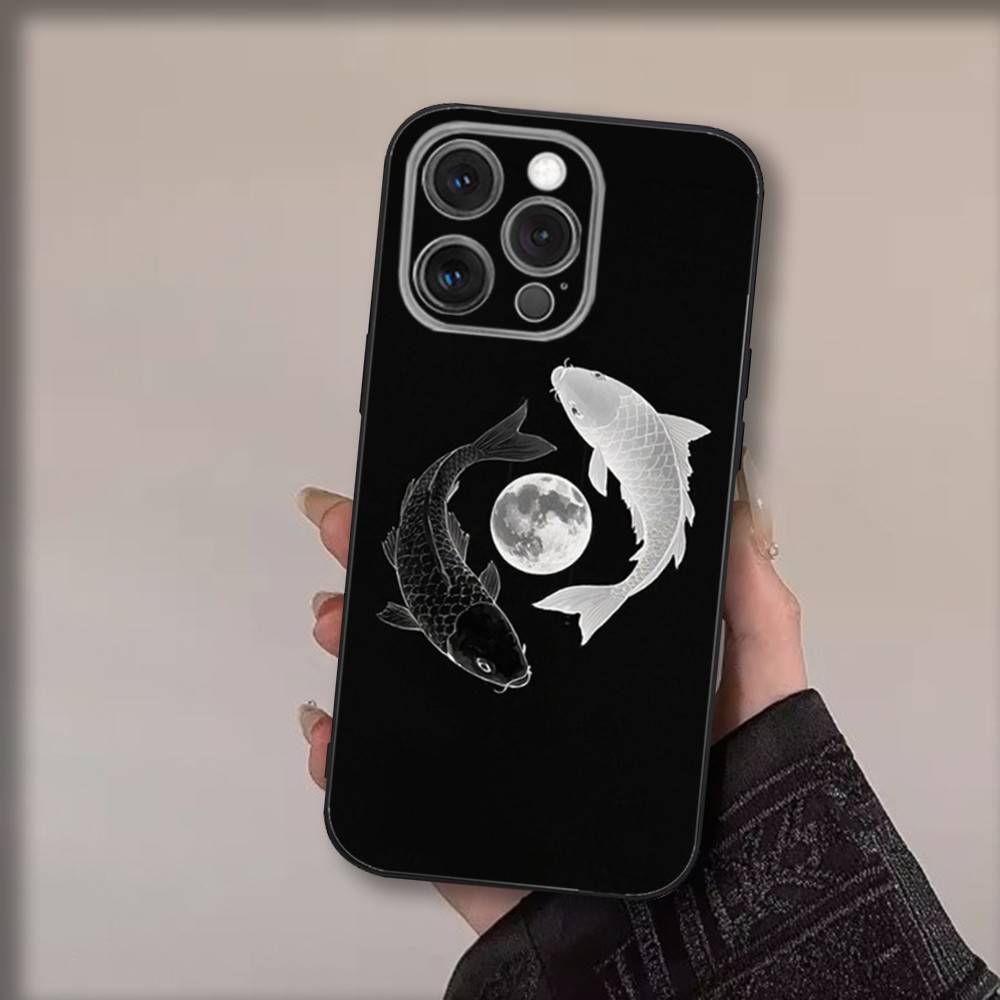 Koi Karpfen Fisch Yin Yang Handyhülle Für iPhone 17,16,15,14,13,12,11,Pro,Max,Plus,Air,X,XS,XR,SE,8,7,Mini,Weiche Schwarze Hülle