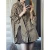 Women Lapel Striped Oversized Long Sleeve Shirt With Slit