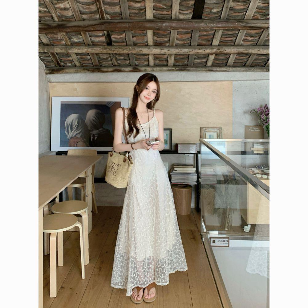 French Apricot Embroidered Lace Suspender Dress Women's Summer High-end Temperament First Love Seaside Vacation Beach Dress