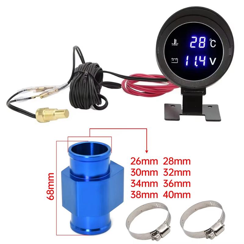 2 in 1 Round LED Water Temp Gauge & Voltmeter with 10mm 1/8 NPT Sensor 26mm-40mm Pipe for 12V/24V Car Truck Motorcycle