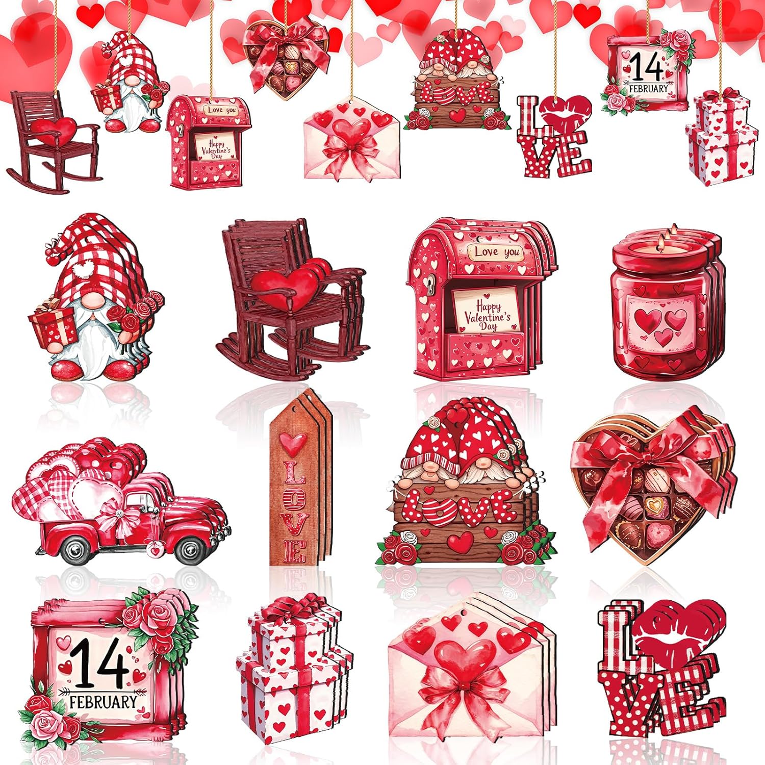 36 Pcs Valentine‘s Day Wooden Ornaments, Red Valentines Tree Decorations Gnomes Hanging Wood Cutouts for Tree Craft Home Indoor Outdoor Party Decor