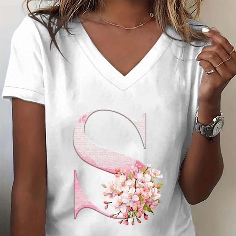 Pink Sakura 26 Alphabet Fashion Casual Tops Unisex Cherry Blossom Lover Vneck Short Sleeve Tshirt Letter R Floral Gift Clothing
