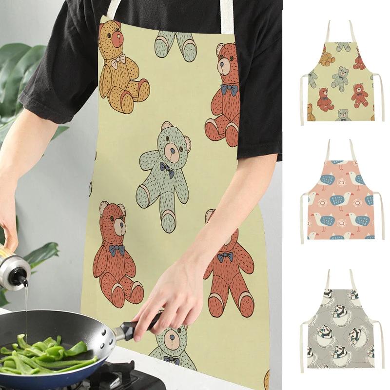 Home Kitchen Cooking Aprons Lovely Animal Bears Printed Sleeveless Linen Colorful Aprons for Men Women Baking Accessories