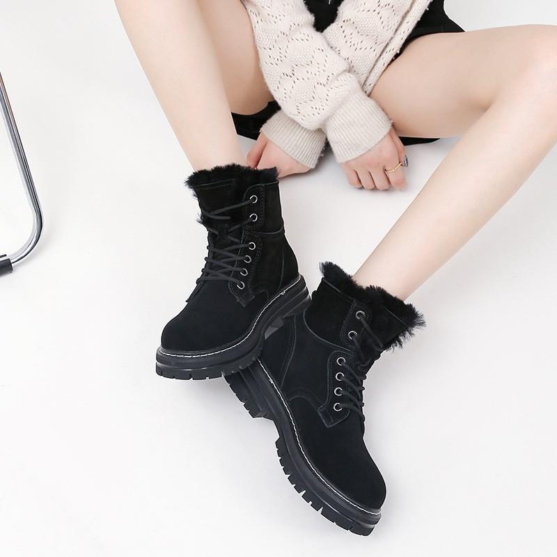 Womens Winter Warm Faux Suede Martin Boots With Fleece Lining Chunky Sole Round Toe Lace-Up Mid-Calf