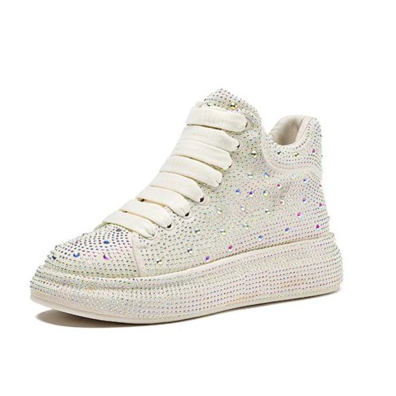 

Горячие Зимние Теплые Меховые Кроссовки Высокого Качества Сексуальные Женские Кеды для Катания Туфли на Платформе с Горным Хрусталем Блестящие Женские Повседневные Обувь 35 бежевый