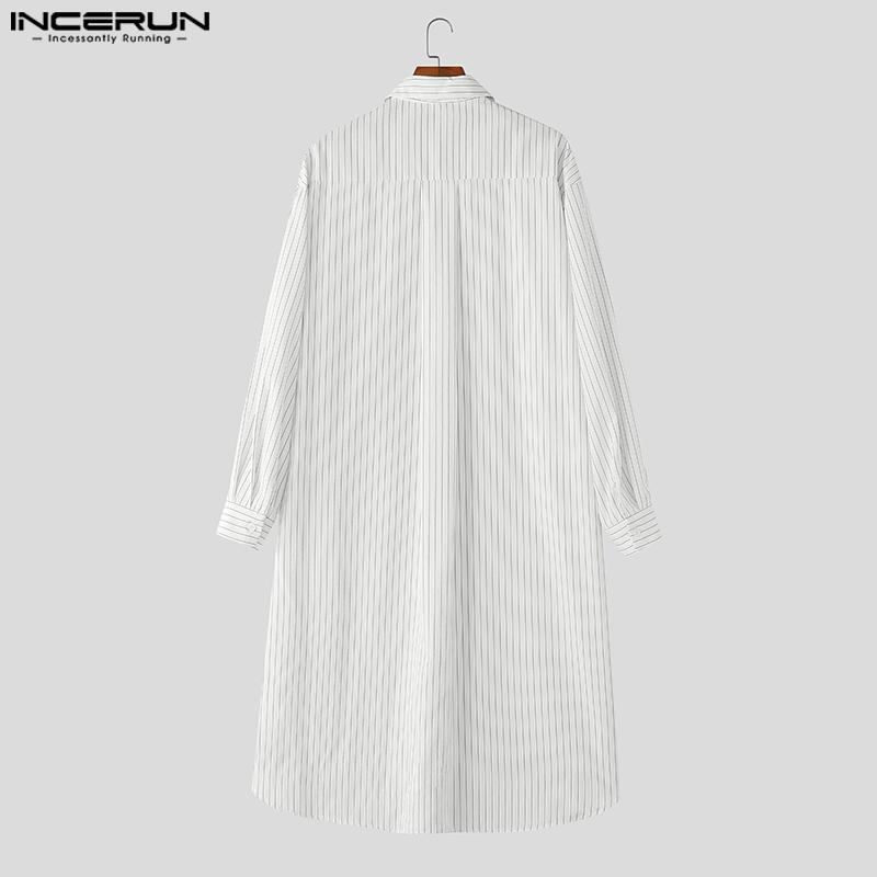 INCERUN Oversized Men Lapel Neck Long Sleeve Striped Loose Long Tunic Casual Shirts