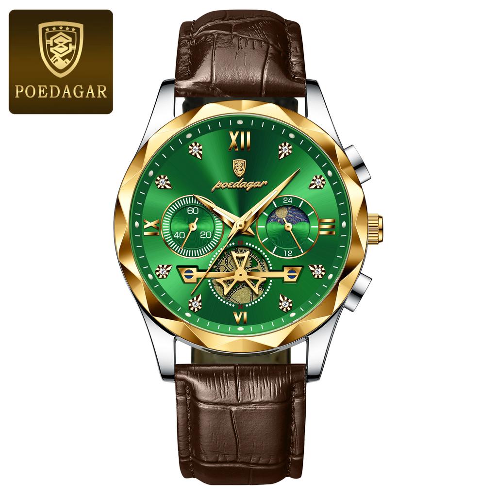 POEDAGAR Luxus-Armbanduhr für Herren Sport Leder Quarz-Uhr Wasserdicht Leuchtend Chronograph Uhren Männliche Uhr Reloj+Box