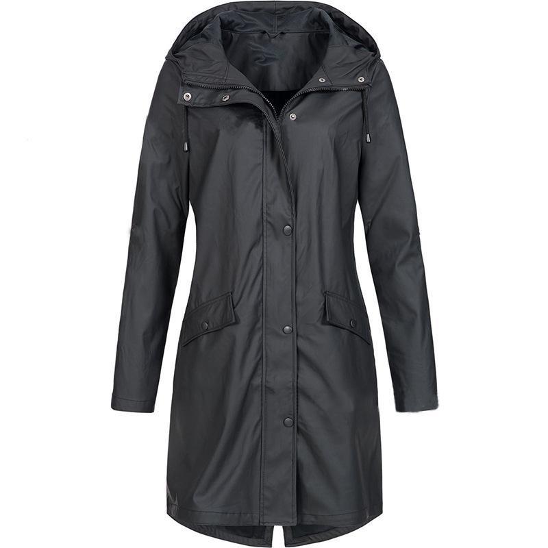 Women Solid Rain Outdoor Hooded Raincoat Windproof Long Jacket Coat