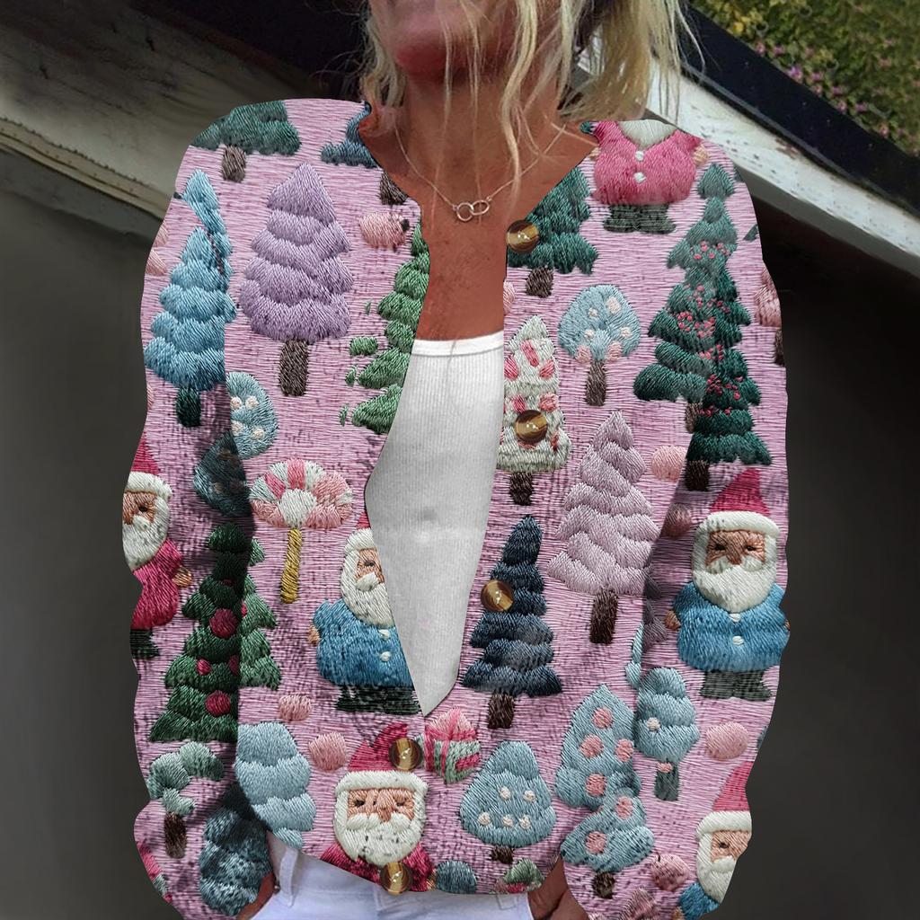 Women's Fashion Christmas Print Long Sleeve Knitted Cardigan Button Jacket