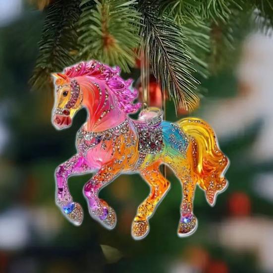 Horse Christmas Ornaments Glitter Rhinestone Horse Christmas Tree Hanging Ornament 2D Flat Acrylic Car Rear View Mirror Charm for Holiday Home Decor