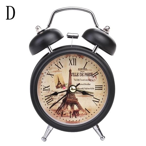 Classic Vintage Silent Metal LED Night Light Twin Bell Alarm Clock Ticking Retro Tableclock