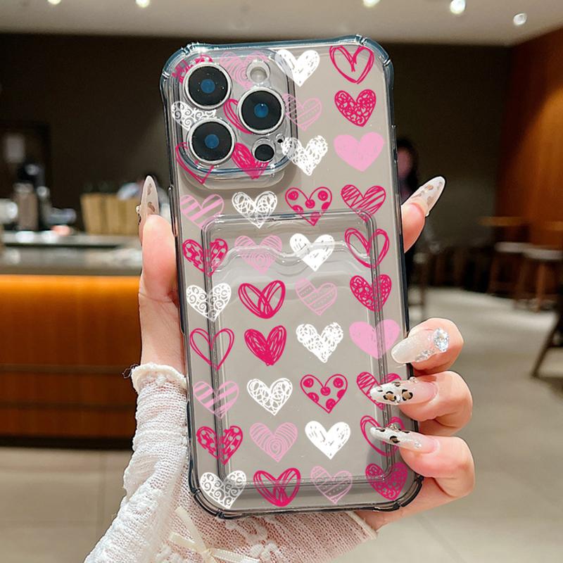 Clear Card Slot Pink Love Hearts Θήκη εκτύπωσης για iPhone 16 Pro Max 15 Pro 14 13 12 11 Soft Silicone Slim διαφανές προστατευτικό κάλυμμα τηλεφώνου