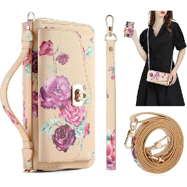 Crossbody Wallet Case for Samsung Galaxy S24 Ultra, Magnetic Detachable PU Leather Flip Phone Case with Card Holder RFID Blocking Wristlet Mirror