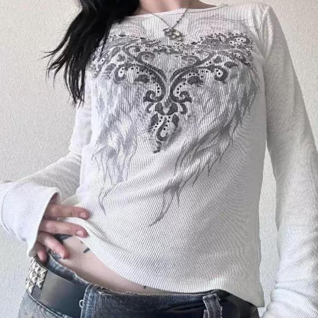 2KWEIRD Y2K Grunge Cyber Mall Goth Termotričko Lebky Grafický potisk Dlouhý rukáv Svetry Topy Ženy 90. léta Vintage Estetická Trička