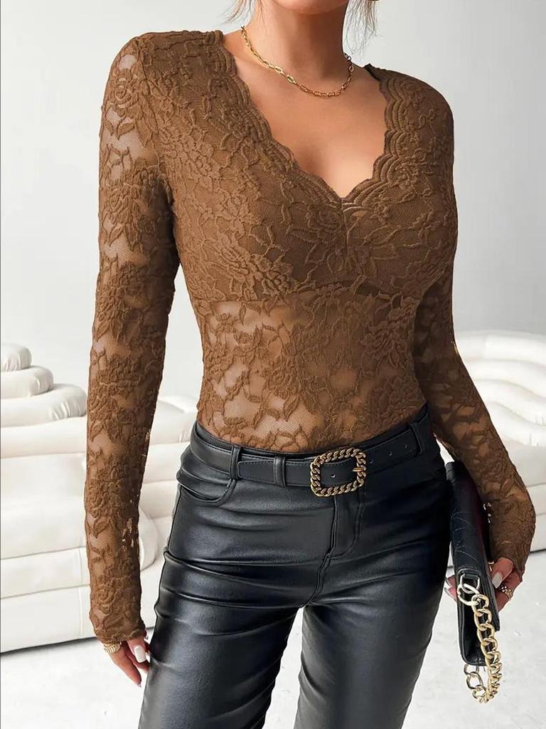 Cross-Border Women's European/American Lace Top - Sexy, Solid Color, See-Through Mesh, Long-Sleeved for Hot Girls.