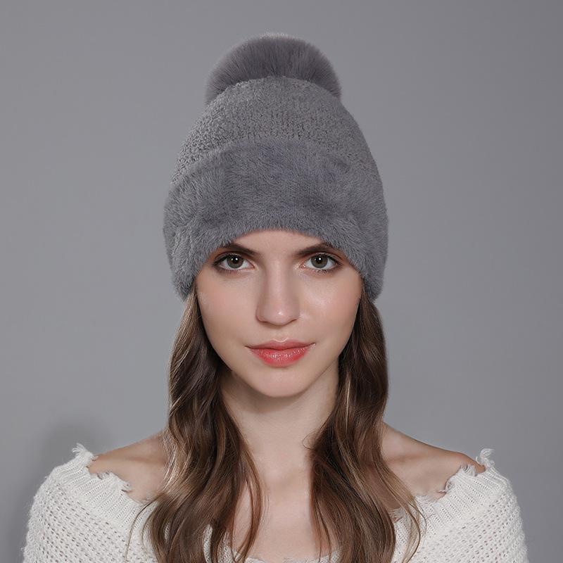 Cappello invernale da donna caldo e spesso in maglia con imitazione di pelo di coniglio