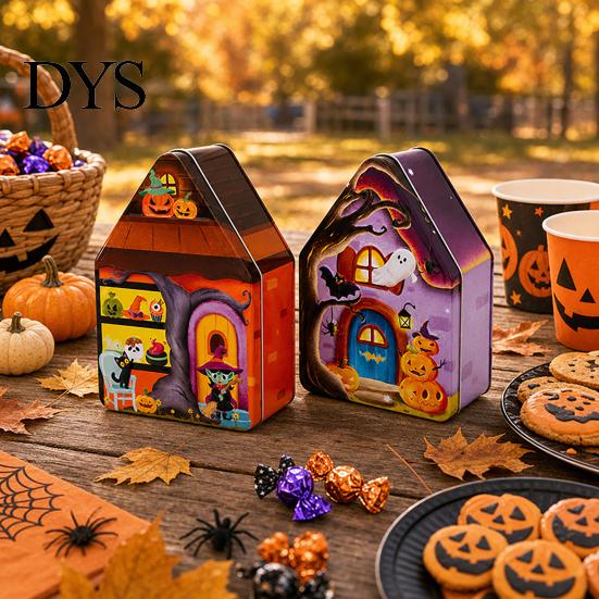 Decorative Metal Containers for Candies Halloween Tin Candy Box, Haunted House Pumpkin Bat Print Storage Jar Party Favor Boxes Favors, Small