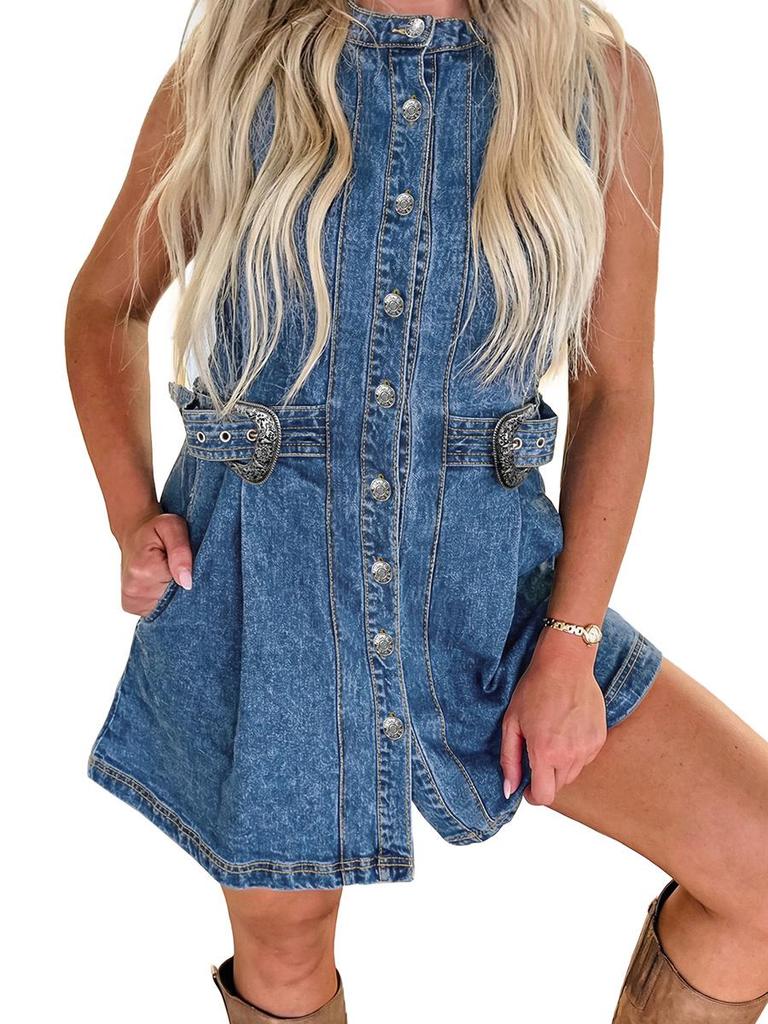 Women's European-American Fashion Trend Single-Breasted Multi-Button Denim Shirt Dress with Pockets