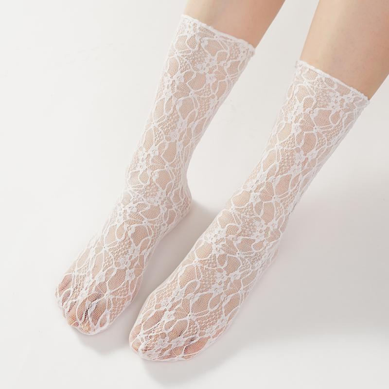 

Женские сексуальные кружевные носки до середины голени с цветочным принтом, ультратонкие прозрачные сетчатые носки, летние чулки Лолита с защитой от зацепов One size белый