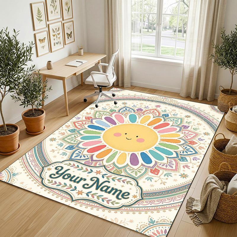 Sunburst Theme Soft Crystal Velvet Rug Custom Name & Text Print Non Slip Floor Rug for Bedroom Living Room