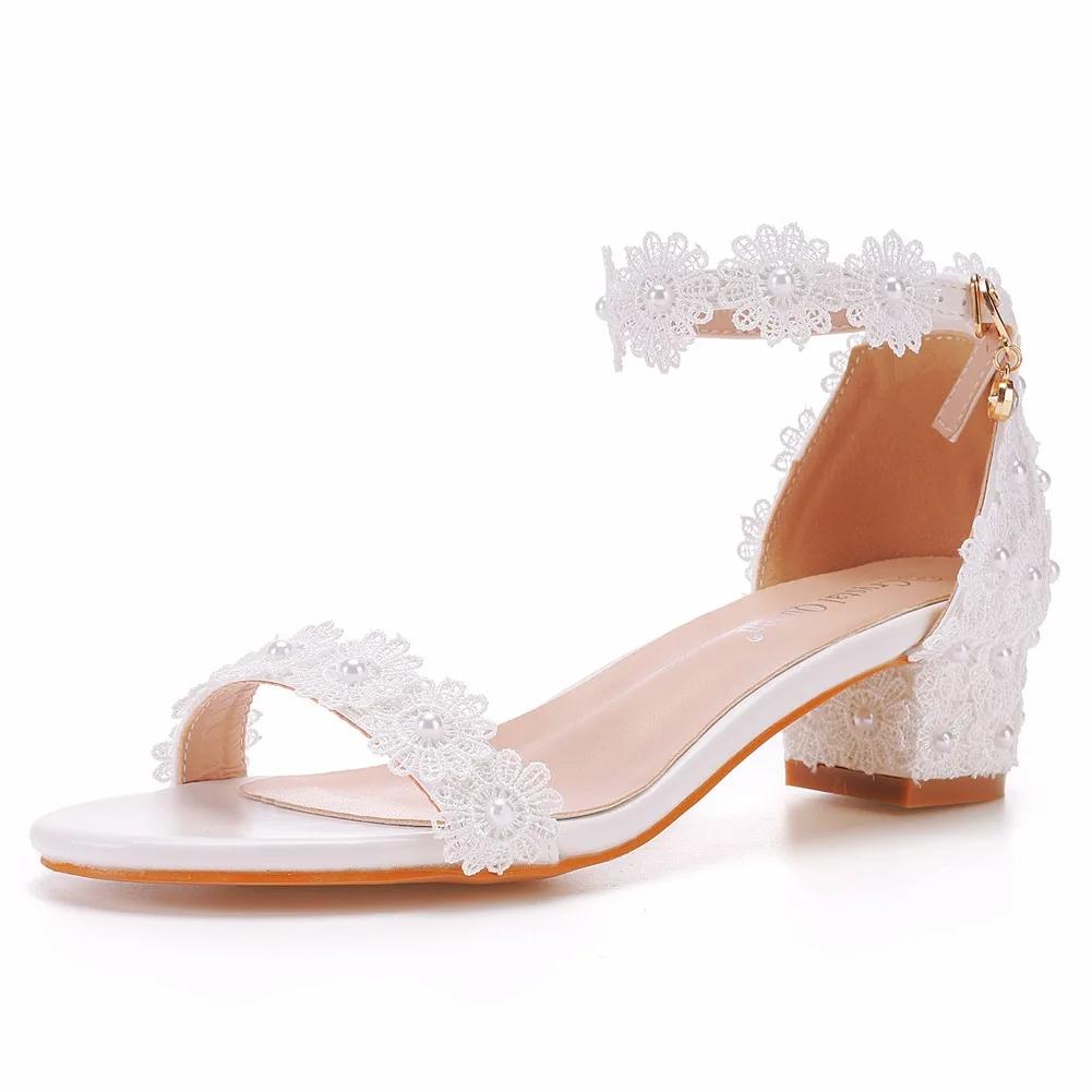 Mode Sommer Damen Hohe Absätze Sandalen Schnur Perlen Schnalle Riemen PU 9CM Quadratischer Absatz Braut Hochzeit Damenschuhe Weiße Pumps