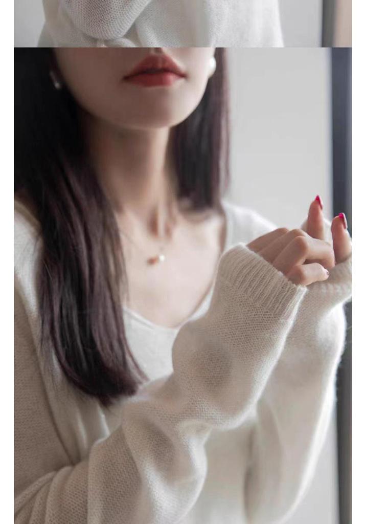 Women's V-Neck Sequined Knit Cashmere Sweater - Loose, Slimming, Long Sleeve, Short & Thin Korean Style for Spring/Autumn