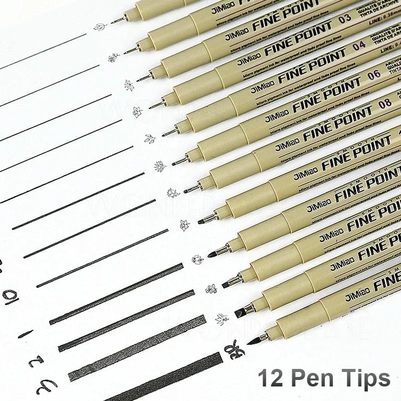 12 Nibs Pigment Liner Micron Ink Marker Pen for Manga Draw Sketching Needle Pen Hook Line Pen Sketch Stationery Set Art Supplies