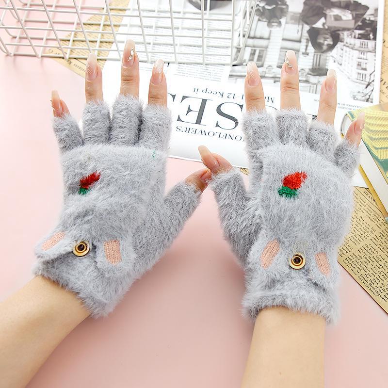 Girls' Cartoon Carrot Flip-Open Plush Gloves - Half-Finger, Thick, Warm for Autumn/Winter