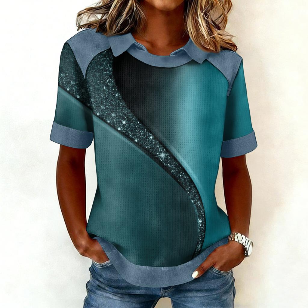 Felpa con Scollo alla Moda da Donna, Patchwork Stile Cowboy, Felpa con Cappuccio Stampata Casual, Top a Maniche Corte
