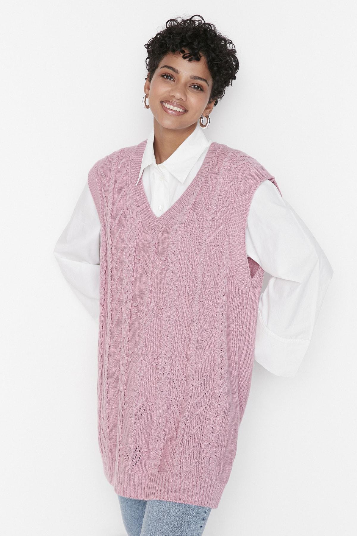 

Розовый трикотажный свитер с V-образным вырезом TCTAW23SV00005..