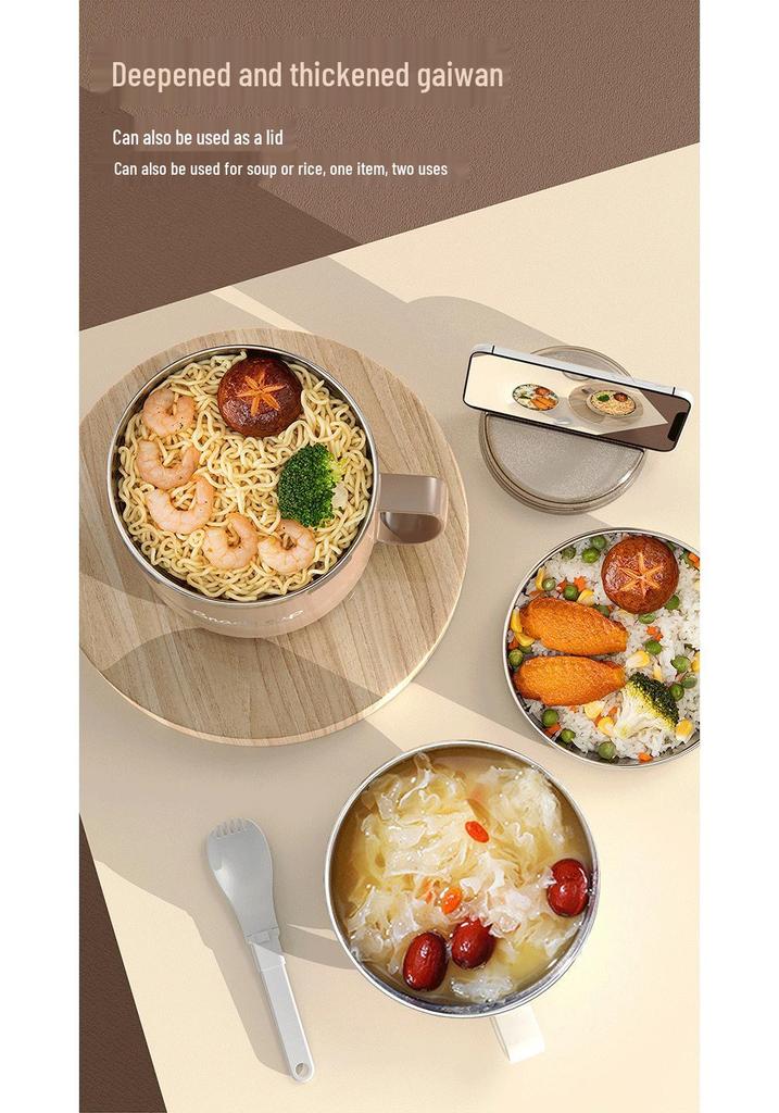 304 Stainless Steel Large Capacity Portable Noodle Bowl with Lid - Double Layer Lunch Box for Dormitory, Office & Canteen