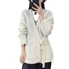 Women's 2023 Loose Cashmere Tie-Up Sweater, Long Sleeve, Pure Wool, Knitted Cardigan with % Collar for Spring