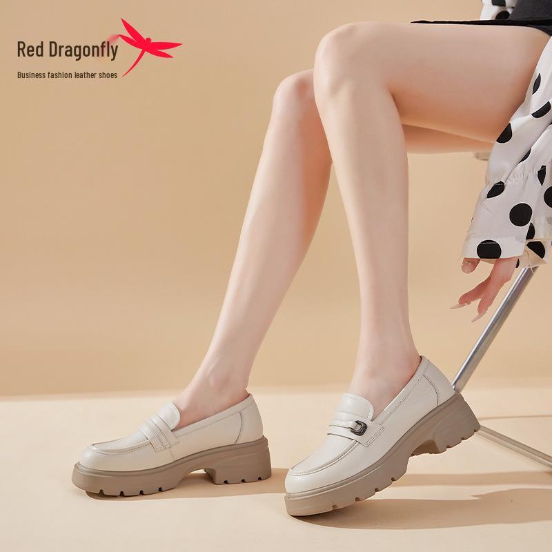 Red Dragonfly Women's Genuine Leather Chunky Heel Loafers - Retro British Style, Black Shallow Mouth.