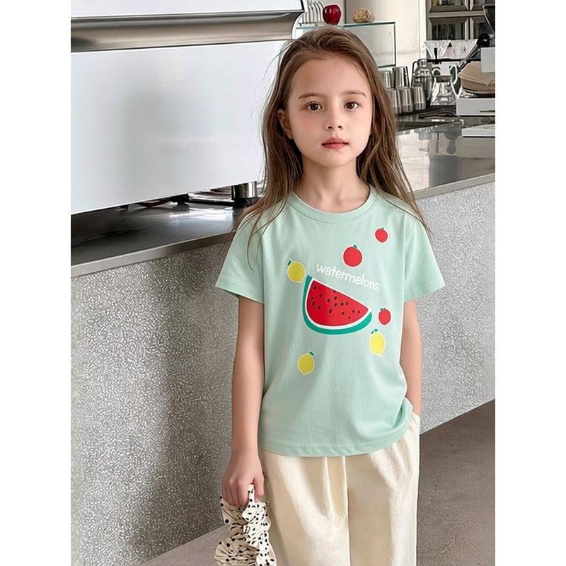Brand Children's Clothing Summer New Style Girls' Cartoon Fruit Print Short-Sleeved Tops Korean Style Pure Cotton T-Shirts Children's Clothes