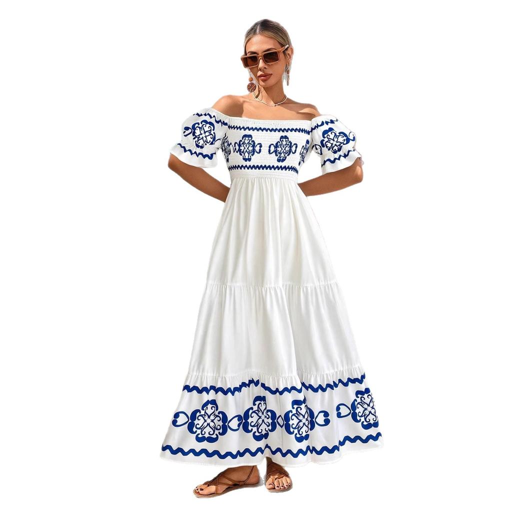 Abbigliamento da donna europeo e americano estate nuova moda stampa spalla a un pezzo manica corta due modi di indossare vestito lungo Vestito midi