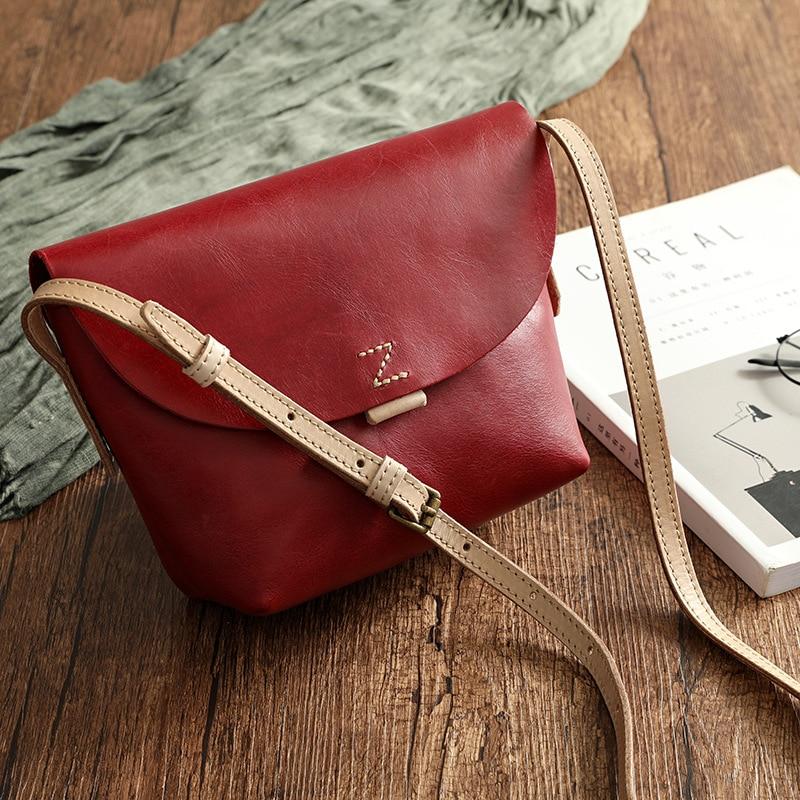 Johnature Einfache natürliche Rindsleder Frauen Tasche Vintage echtes Leder handgemachte kleine einfarbige Schulter- und Umhängetaschen