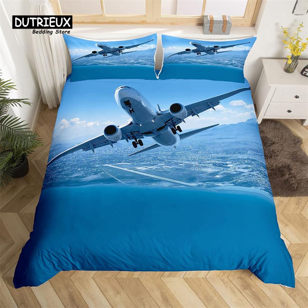 Classic Modern King 3D Airplane Aircraft Transportation Polyester Globe Helicopter Decor Comforter Quilt