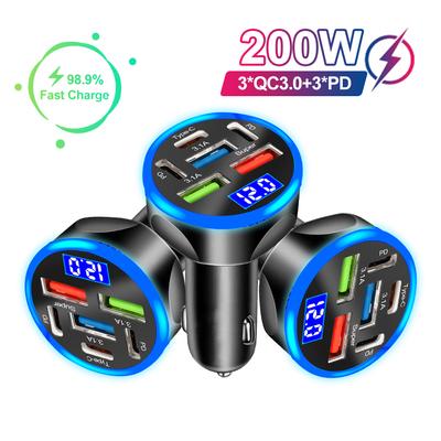 200W 6 Ports Car Charger with Voltage Digital Display Fast Charging 3 PD + 3 USB Car Phone Charger Type C Adapter for iPhone Samsung Huawei Xiaomi