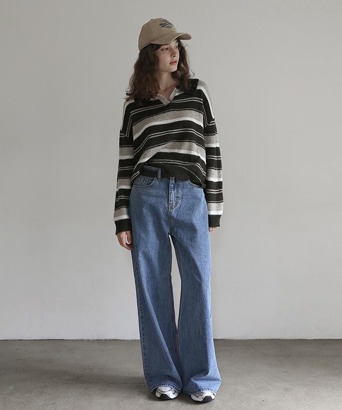 Beleunepeu Of Stripe Pullover Knit_Khaki
