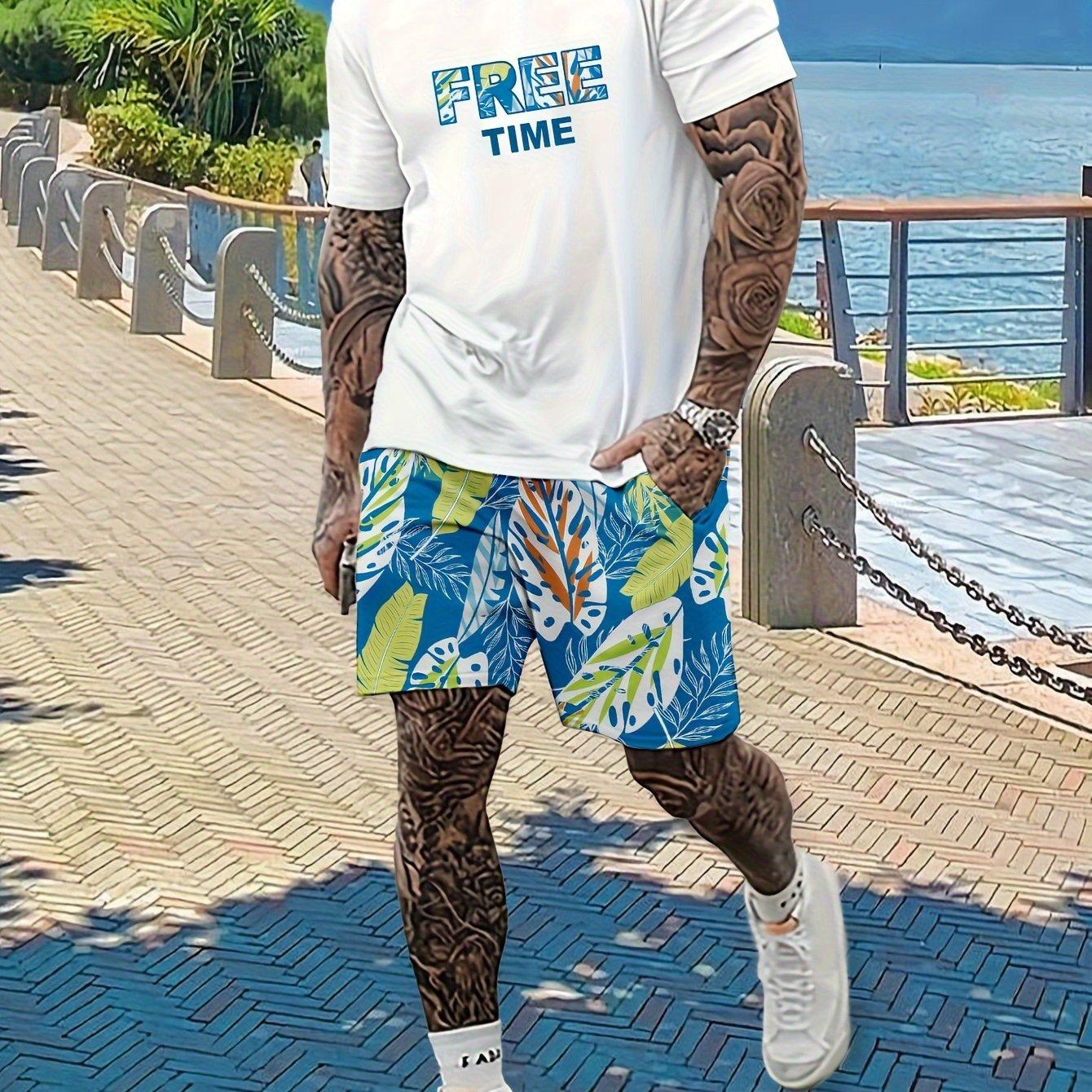 

2-piece Men s Summer Resort Vacation Outfit Set, Men s Letter Print Short Sleeve T-shirt & Leaves Pattern Beach Shorts Set 6XL