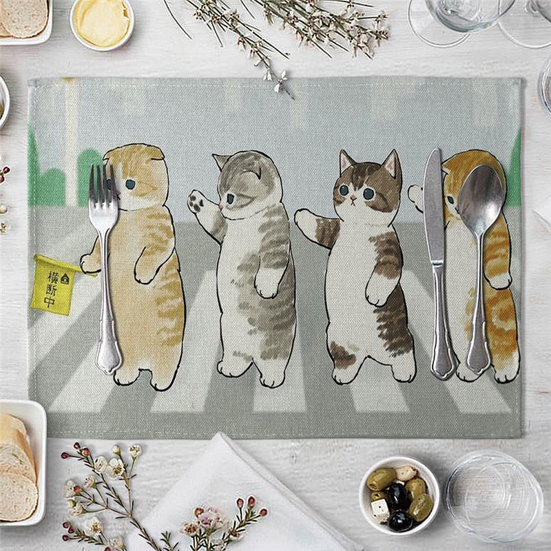 1 Pcs Dining Table Mats Cute Funny Cat Pattern Kitchen Placemat Drink Coasters Western Pad Cotton Linen Cup Mat Table Dining