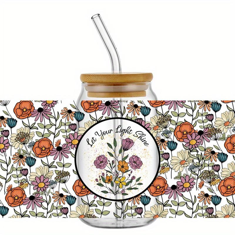 5pcs Cup Stickers - Floral & Plant Design Waterproof, Scratch-Resistant Crystal Finish Decals For 16Oz Glasses, Self-Adhesive, 9.45X4.33 Inches