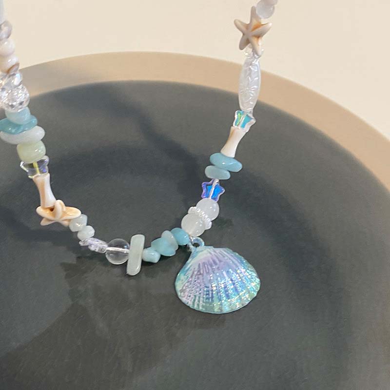 Summer Y2K Cute Shell Starfish Pendant Choker Necklace for Women Elegant Pearl Crystal Beaded Clavicle Chain Party Jewelry Gift