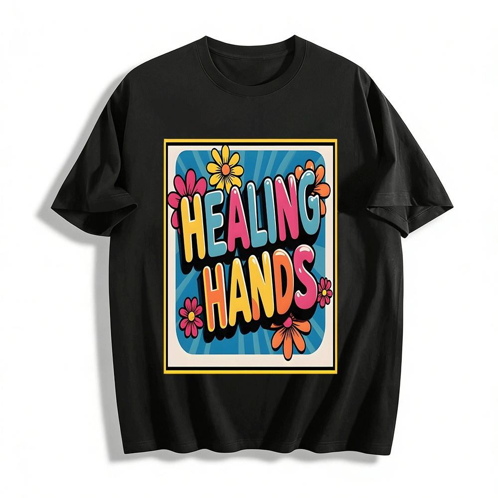 

Retro Healing Hands Floral Print Casual Versatile Short Sleeve Top Pure cotton T-shirt XXS