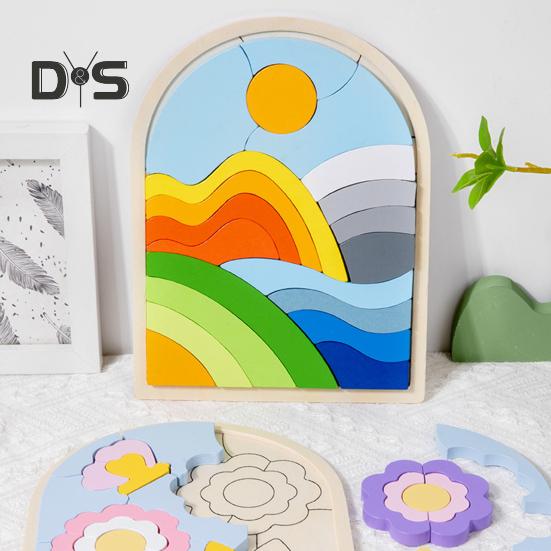 1 szt./3 szt. Zestaw puzzli z drewnianymi kształtami Motyw kwiatów, chmur, wschodu słońca Dopasowywanie kolorów Klocki poznawcze Rozwijanie umiejętności motorycznych Zabawka edukacyjna dla dzieci 3+ lat