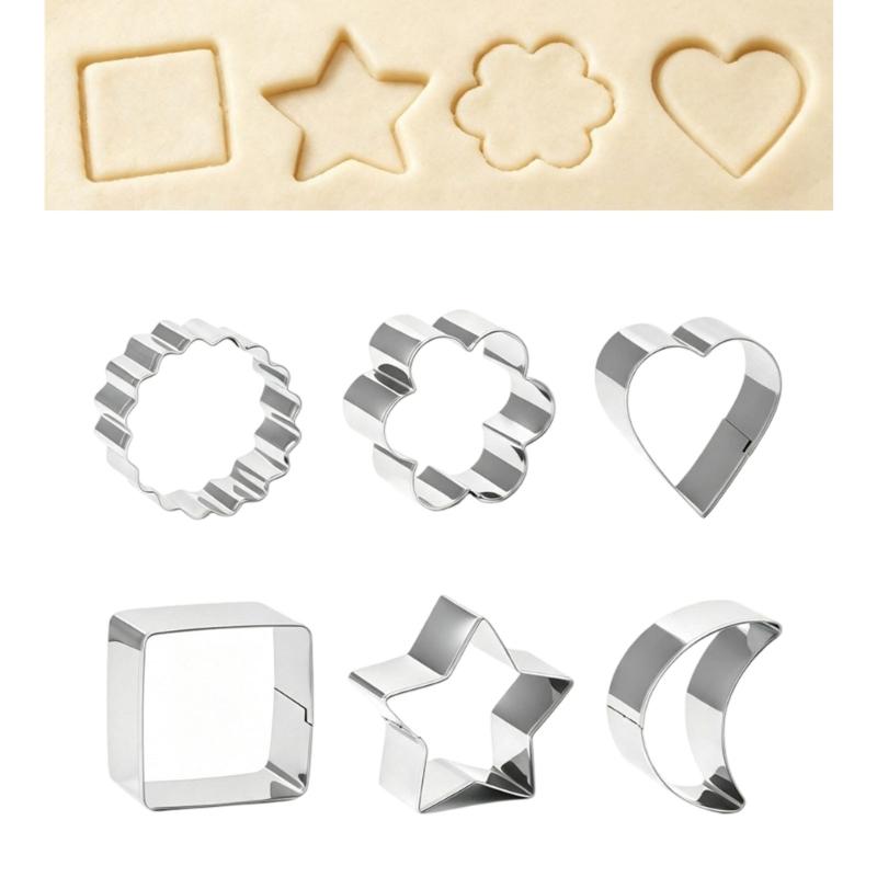 6 Piece Stainless Steel Cookie Cutters Set with Heart Flower Moon Star Square and Scalloped Round Shape, Easy Cleaning Baking Tool for Cookie and