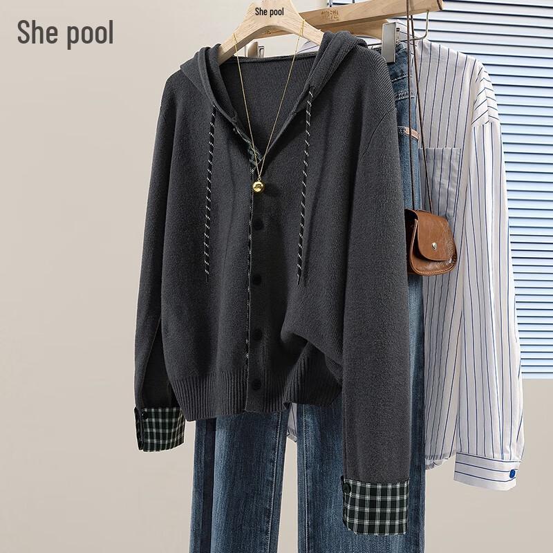 

Women s Plaid Patchwork Drawstring Hooded Knit Cardigan One Size