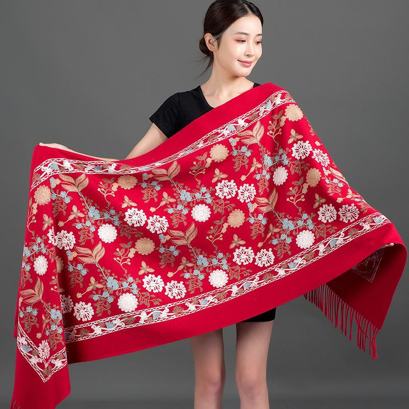 New Winter Shawl Embroider Tassel Women Shawl Thick Warm Cashmere Pashmina Scarves Lady Soft Wrap Bufanda Travel All-Match Scarf